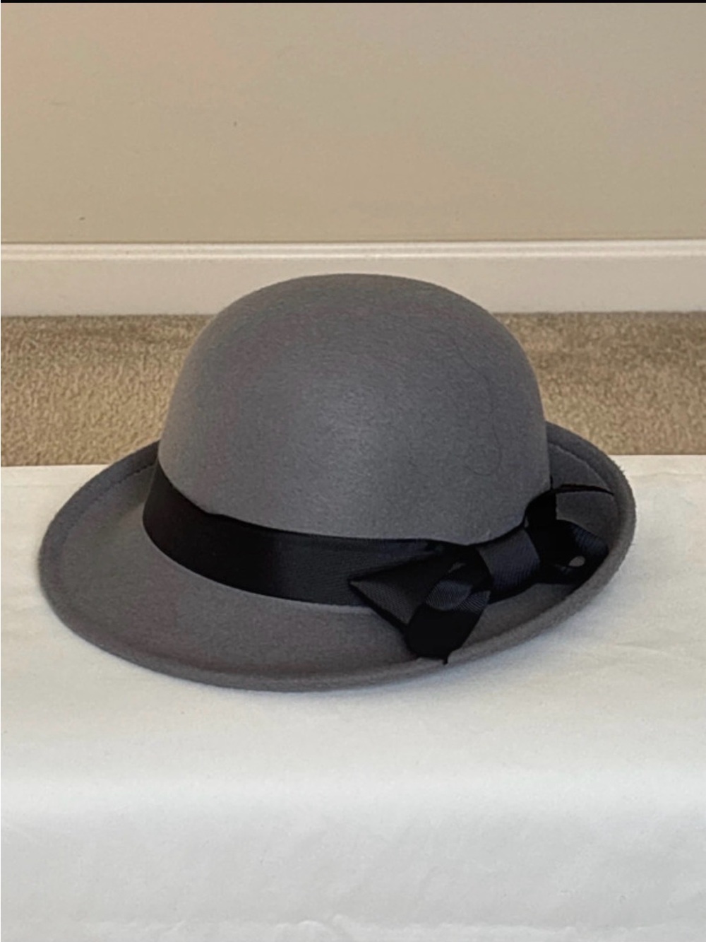 Gray Felt Cloche Hat with Black Ribbon Bow